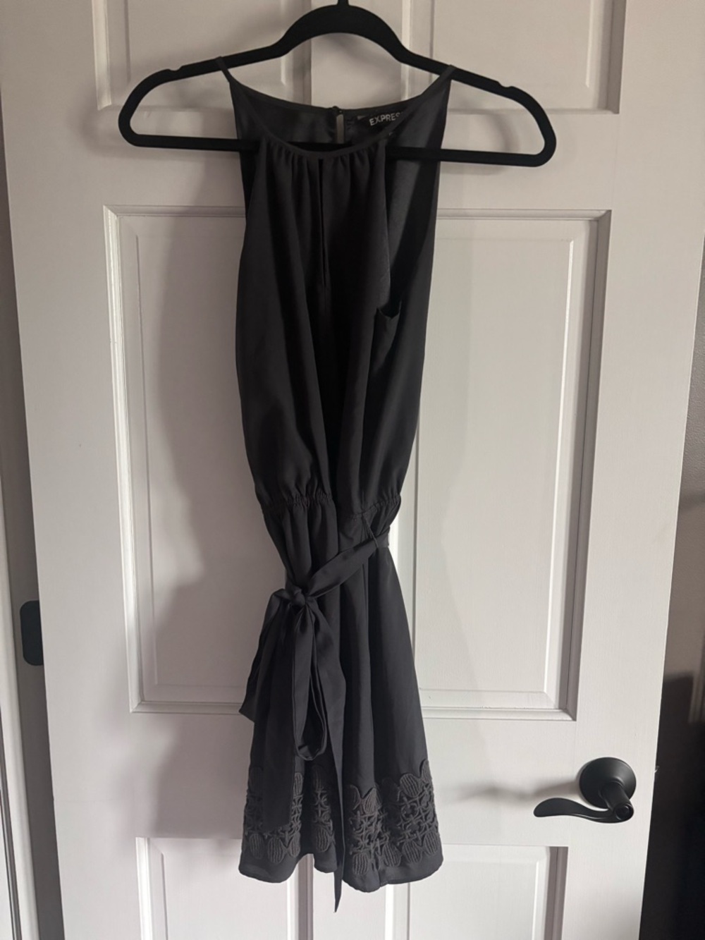 Express Charcoal Halter Tie-Waist Dress with Embroidered Hem Size Small